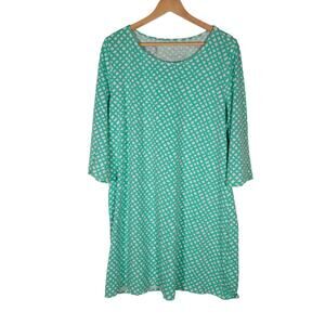 Hiho Dress XL Teal White Geometric Knit 3/4 Sleeve Stretch Scoop Mini Shift